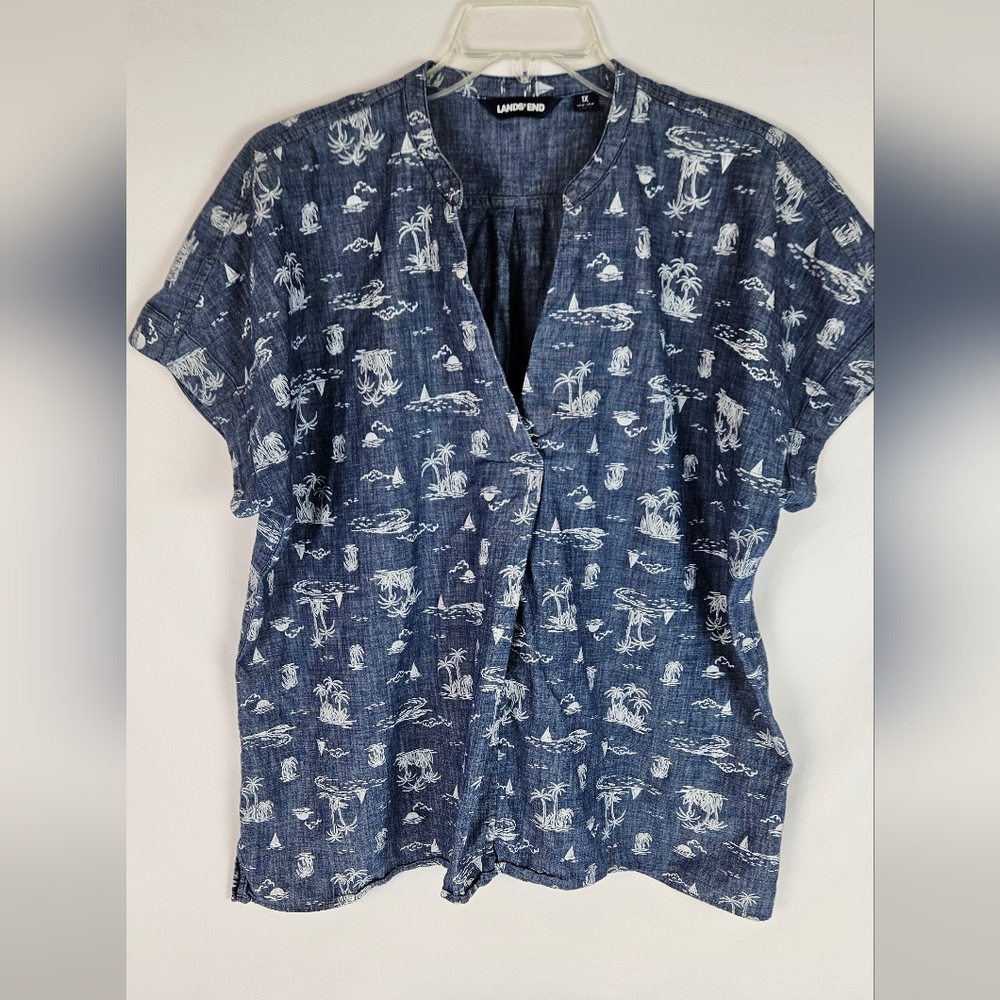 Lands End Plus 1X  Blue Short Sleeve Button-Up Shirt with White Tropical Print